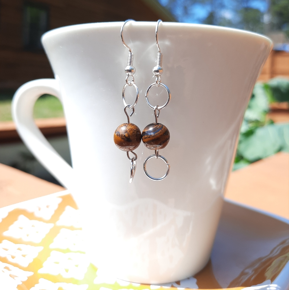 Tiger's Eye Stone Circle Dangle Silver Earr